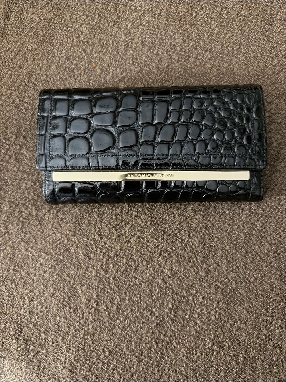 ANTONIO MELANI Black Croc-Embossed Fold Wallet with Gold Accent